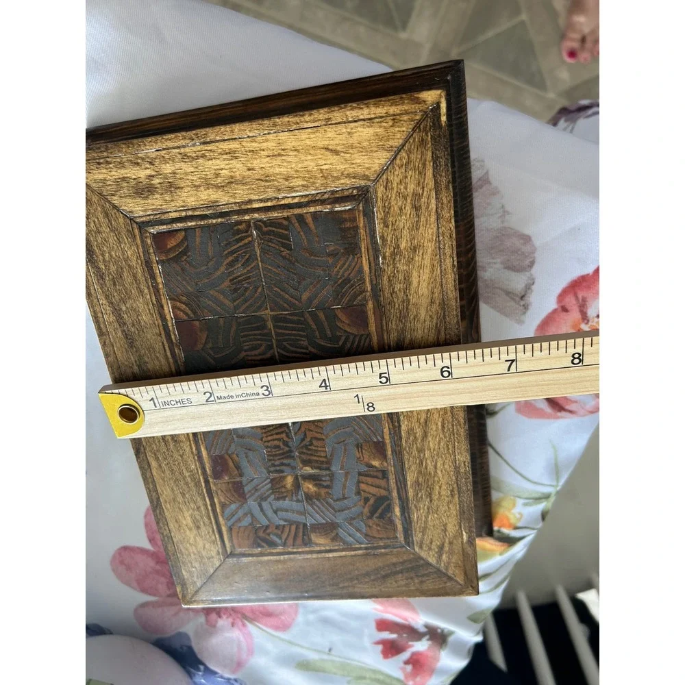 Vintage Handcrafted Parquetry Wood Jewelry Box with Mirror Ring Rolls Signed